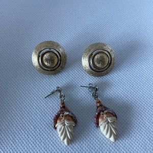 Round gold tone clip on, Snow man back post earrings- 2 pairs